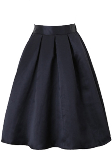 Plain Elastic Waist Zipper Side Flared Pleated Midi Skirt