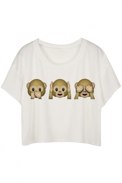 White Shirt Sleeve ET Stitch Monkey Print Crop T-Shirt
