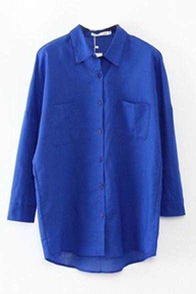 Blue Double Pocket Single Breasted Lapel Shirt