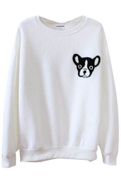 Lovely Cartoon Dog Head Embroidery Round Neck Long Sleeve Sweatshirt