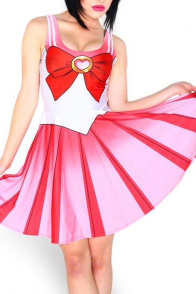 Pink Bow Print Tank Skater Dress