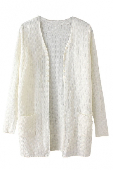 Plain Buttons Open Front V-Neck Long Sleeve Cardigan