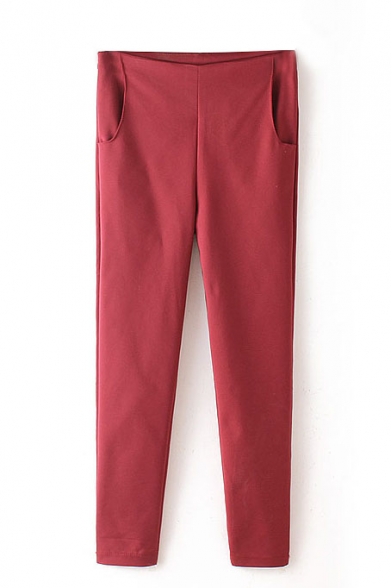 Plain Zip Side Pockets Mid Waist Pants