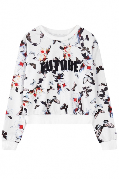 Floral Butterfly Print Round Neck Long Sleeve Sweatshirt