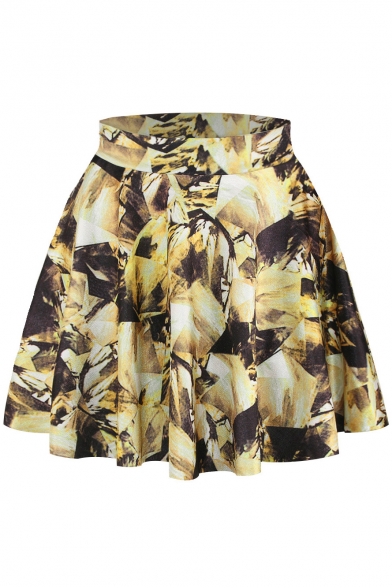 Gold Abstract Print Elastic Waist Mini Flared Skirt