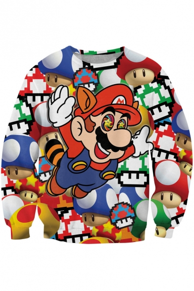 Happy Mario Print Round Neck Long Sleeve Sweatshirt