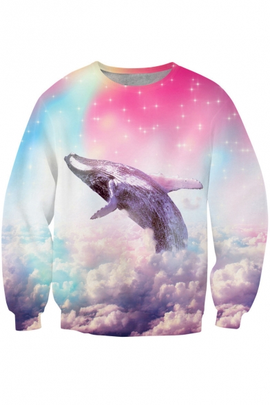Rainbow Dolphin Print Round Neck Long Sleeve Sweatshirt