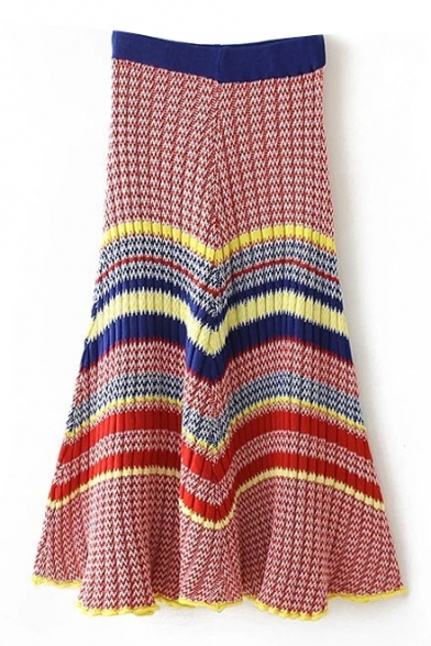Rainbow Stripe Elastic Waist Ruffle Hem Knit Maxi Flared Skirt