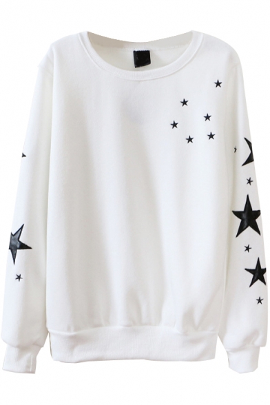 Stars Print Round Neck Long Sleeve Sweatshirt