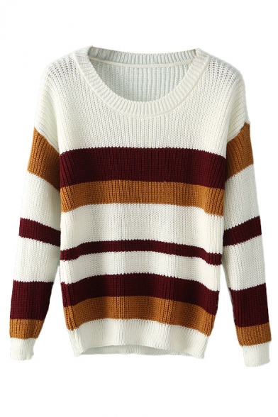 Color Block Stripe Round Neck Long Sleeve Knit Sweater