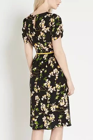 Floral Print Short Sleeve Round Neck Midi A-Line Dress with Belt