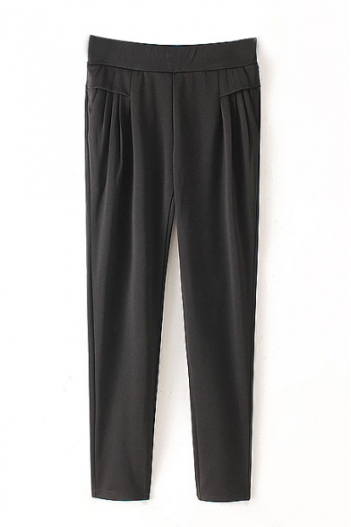 Plain Pleated Pocket Elastic Waist Pants - Beautifulhalo.com