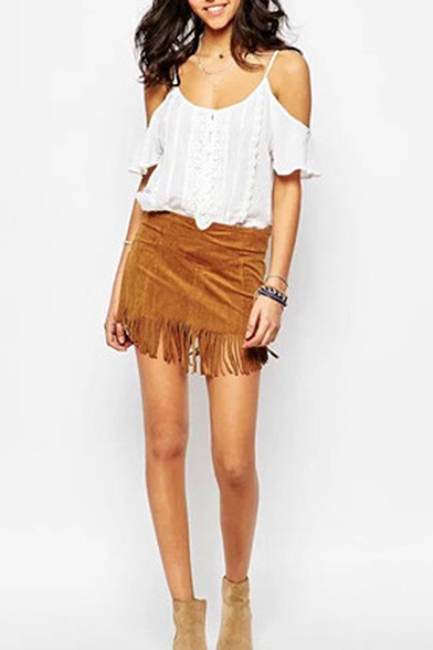 Plain Tassel Hem Zip Side Suede Mini Wrap Skirt