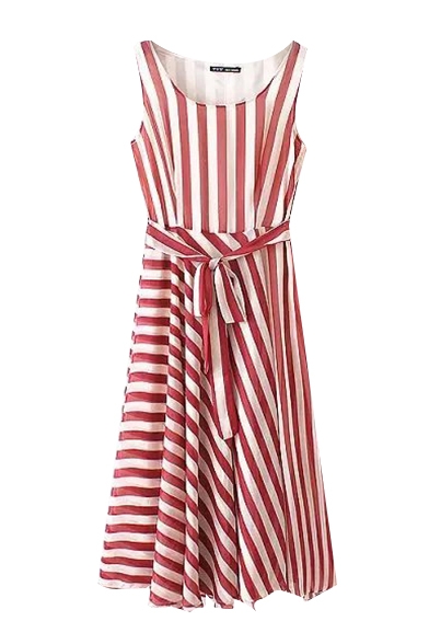 Round Neck Stripe Sleeveless Chiffon Tie Waist Pleated A-Line Dress
