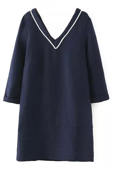 V-Neck Plain 3/4 Length Sleeve Shift Dress