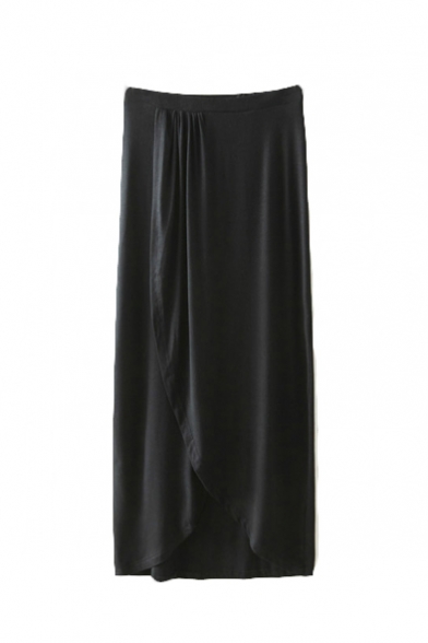 Black Elastic Waist Asymmetrical Hem Split Front Maxi Skirt