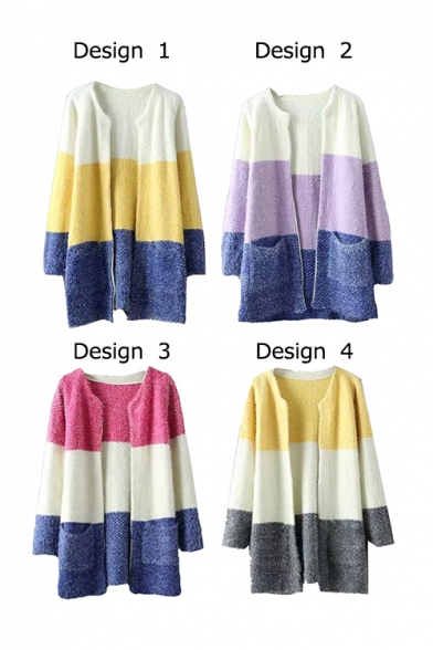 Color Block Round Neck Double Pocket Long Sleeve Open Front Cardigan