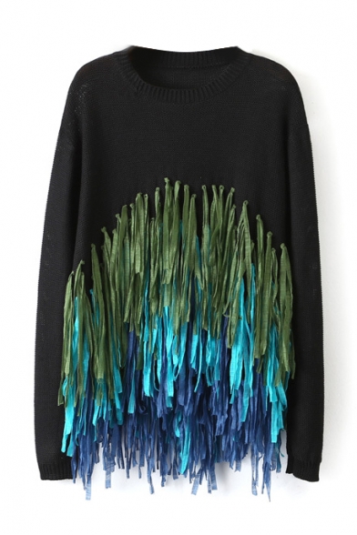 Colorful Tassel Round Neck Long Sleeve Pullover Sweater