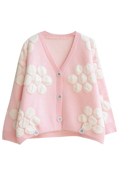 Pretty Flowers Pattern V-Neck Single Breasted Button Detail Cardigan