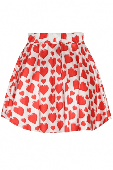 White Background Red Hearts Print Elastic Waist Flared Skirt