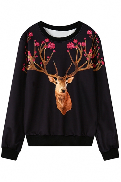 Deer Head Print Round Neck Long Sleeve Sweatshirt - Beautifulhalo.com