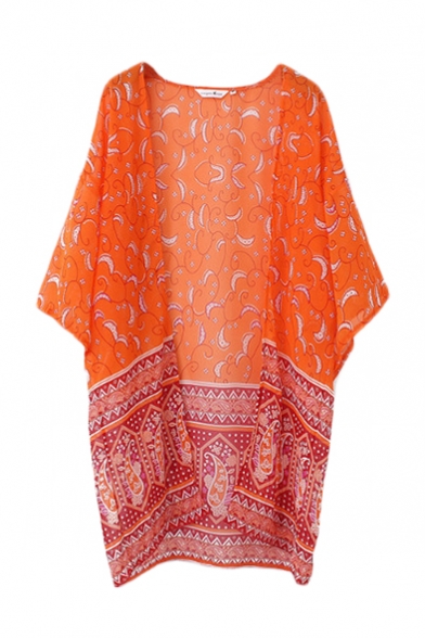 Orange V-Neck Batwing Sleeve Open Front Kimono