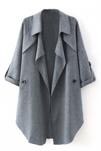 Plain Asymmetric Lapel Open Front Long Sleeve Coat