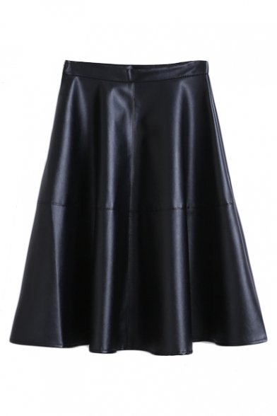 Plain PU Zipper Side A-Line Midi Skirt - Beautifulhalo.com