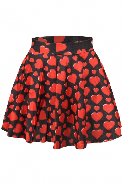 Red Hearts Print Elastic Waist Mini Flared Skirt