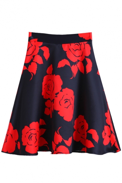 Romantic Rose Print Zipper Back Flared A-Line Skirt