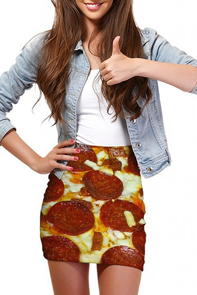 3D Pizza Print Elastic Waist Mini Wrap Skirt
