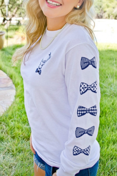 Bow and Letter Print Round Neck Long Sleeve Pullover Sweatshirt