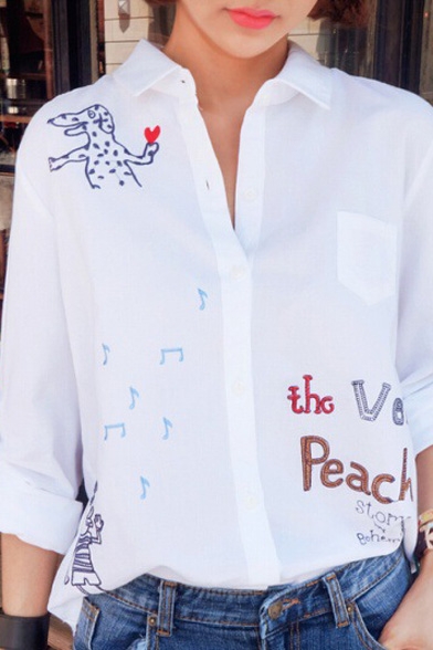 Cute Cartoon Embroidery Lapel Single Breasted Long Sleeve Shirt