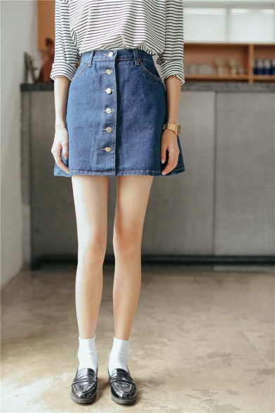 Plain Button Fly Denim Mini A-Line Skirt