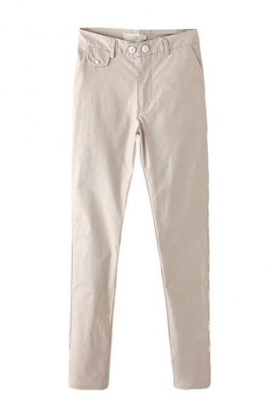 Plain Button Zipper Fly Pants - Beautifulhalo.com