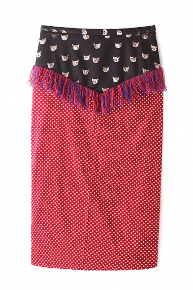 Polka Dot Animal Print Tassel Hem Pencil Skirt