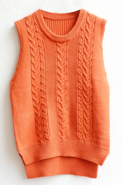 Round Neck Sleeveless Cable High Low Sweater