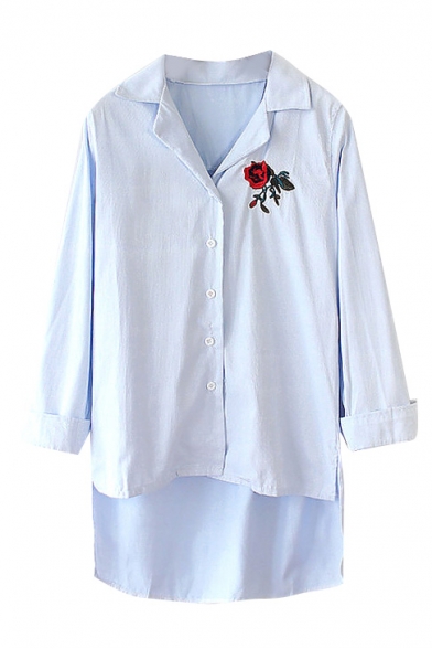 Floral Embroidery Lapel Single Breasted High Low Long Sleeve Shirt