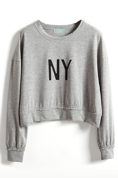 NY Letter Print Round Neck Long Sleeve Crop Sweatshirt