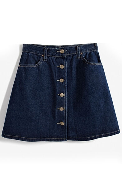 Plain Button Fly Denim Mini A-Line Skirt - Beautifulhalo.com