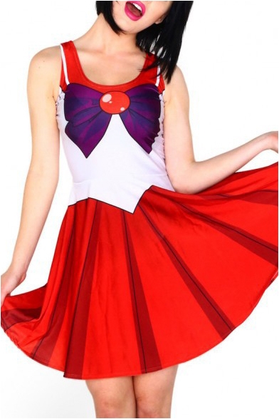 Red Bow Print Sleeveless Tank Skater Dress