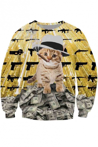 Rich Cat Print Round Neck Long Sleeve Sweatshirt