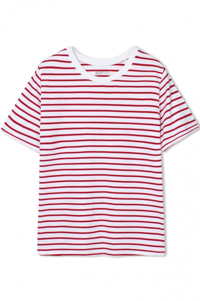 Round Neck Stripe Short Sleeve T-Shirt - Beautifulhalo.com