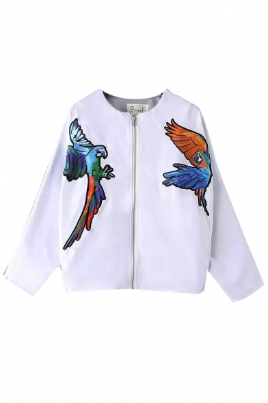 Bird Embroidery Round Neck Batwing Sleeve Zip Coat