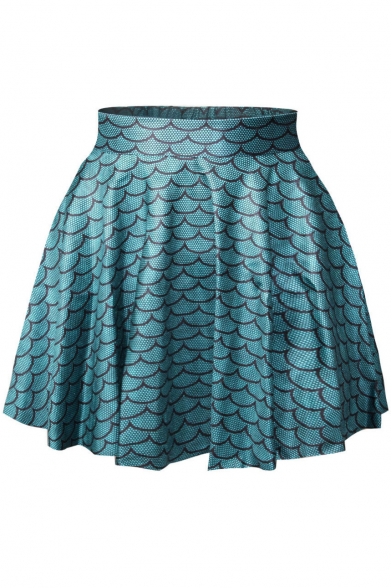 Fish Scale Print Elastic Waist Mini Flared Skirt