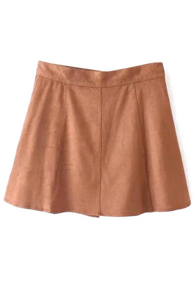 Khaki Button Fly Suede Flared Mini Skirt