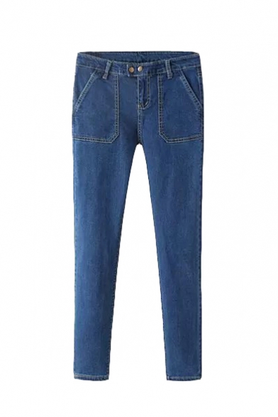 Plain Blue Zipper Fly Double Button Pockets Skinny Jeans