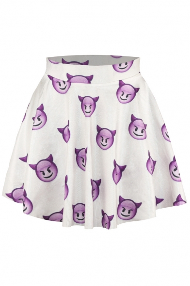 Purple Face Print Elastic Waist Mini Flared Skirt