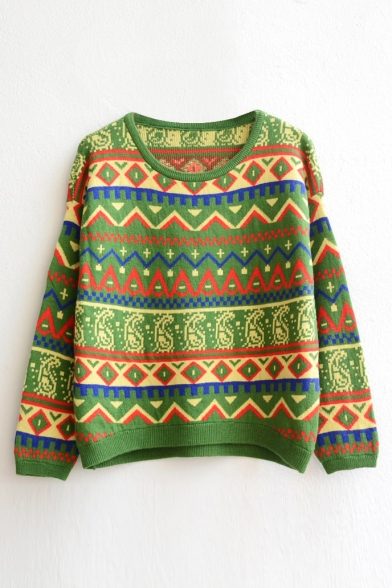 Tribal Geometric Pattern Round Neck Long Sleeve Sweater