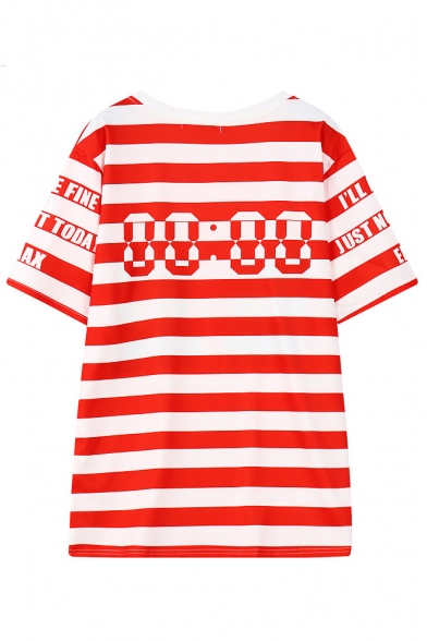 Cartoon Print Stripe Round Neck Short Sleeve T-Shirt